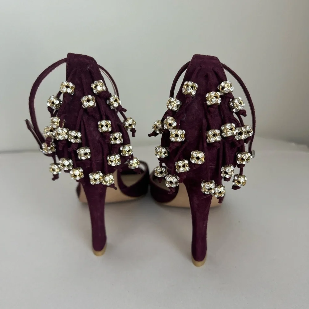 BCBGMAXAZRIA Burgundy Suede Crystal Beaded Fringe Peep Toe Heels 37.5 US 7.5